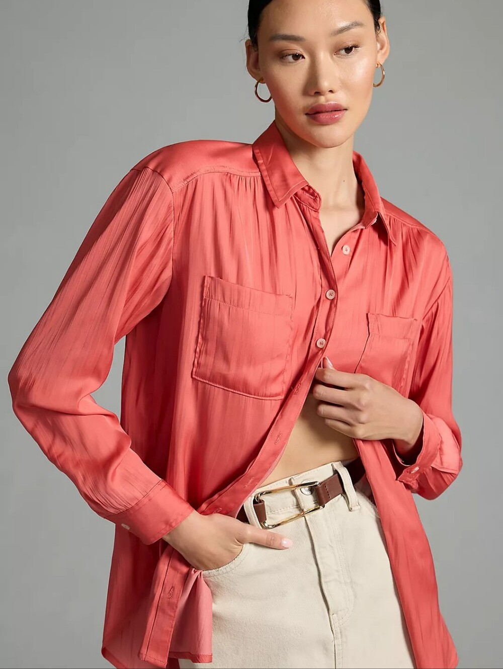 Anthropologie Relaxed Loose Fit Button Shirt S Coral Pockets Pleats Quiet Luxury
